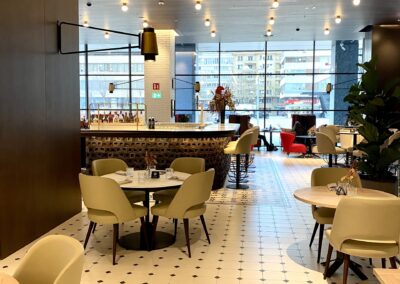 a room with tables and chairs